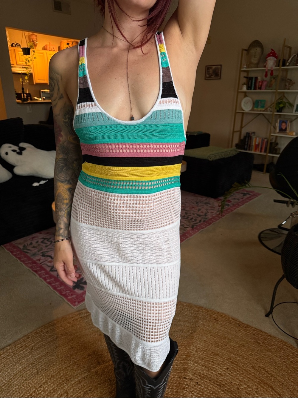 White Knit Tank Dress with Multicolor Stripes